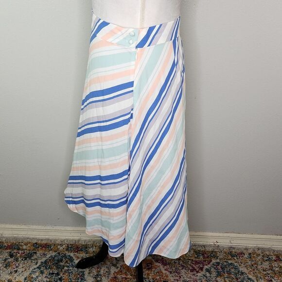 LOFT Blue & White Diagonal Stripe A Line Midi Skirt Size 6 - Picture 6 of 10